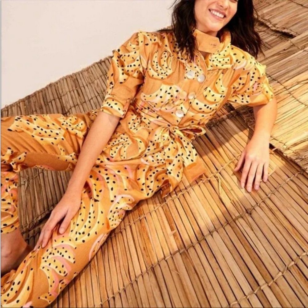 Farm Rio Carmel Raining Bananas Puff Sleeve Jumpsuit sizes S and M NWT - Picture 3 of 16